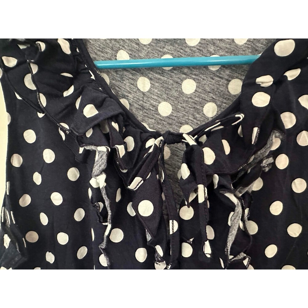 Lauren Ralph Lauren Navy White Polka Dot Ruffle Top Large Ruffle Neck Preppy - Picture 3 of 5